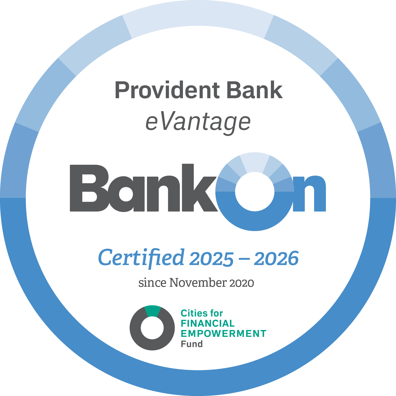 Image reads: Provident Bank eVantage. BankOn National Account Standards 2025 to 2026 Approved. Certified since November 2020. Cities for FINANCIAL EMPOWERMENT Fund.